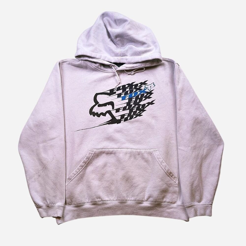 Y2K Foxing Facing Hoodie White Blue Motocross Skater Size Large